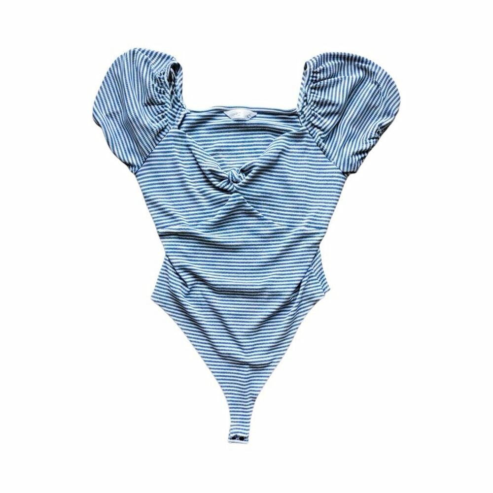LC Lauren Conrad Striped Blue/White Puff Sleeve bodysuit Large